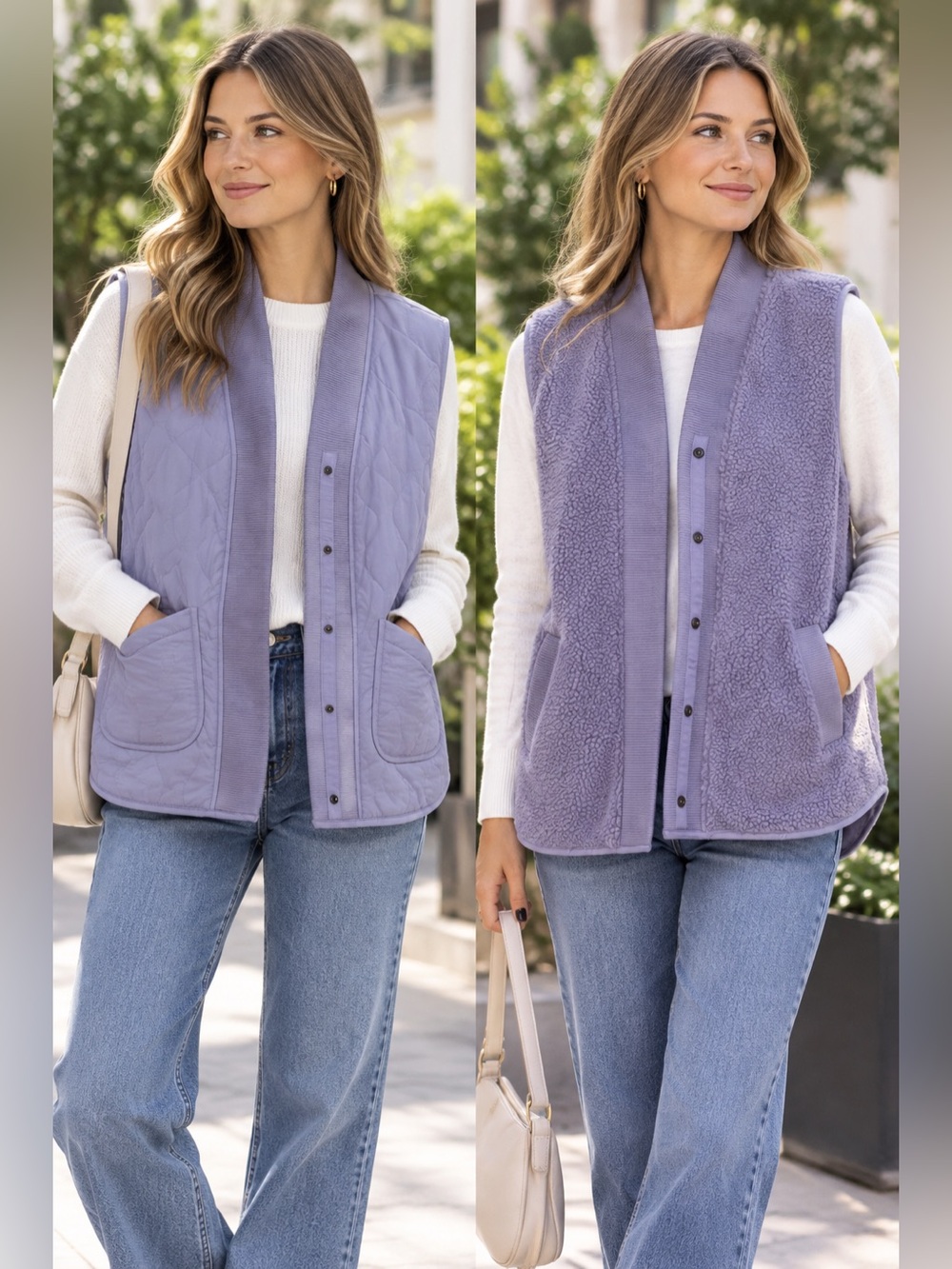 Westbound Reversible V-Neck Quilted Sherpa Snap
lavender purple Vest